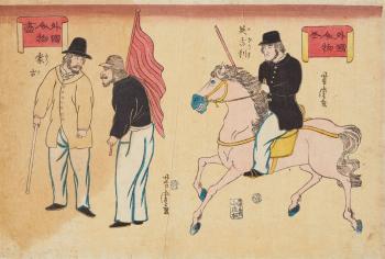 a) Gaikokujin no zu. Man and woman on horseback. b) Three men, one horse by 
																			Utagawa Yoshitomi