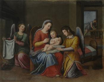 Gesù bambino nutrito da Maria e dagli Angeli by 
																	Benedetto Veli