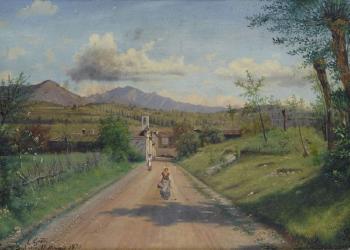 Paesaggio con strada di campagna e figure by 
																	Enrico Gaeta