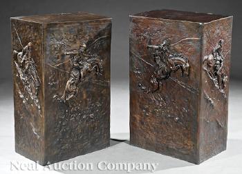 Pair of relief-cast patinated bronze pedestals by 
																			Mario Nardin