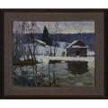 Winter pond with figure and horse by log cabin by 
																			Mikhail Sergeyevich Ageev