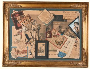 A Trompe L'oeil Composition of Engravings, Playing Cards, an Almanac, Butterfly Specimens and a Chatelaine Watch by 
																	Gabriele Germain Joncherie