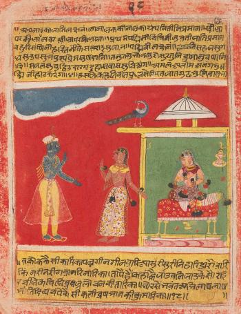 A Double-sided Album Folio From The Rasika Priya Of Keshav Das: Krishna approaches Radha's chamber, he speaks to her sakhi (confidante) outside, a nayika and her sakhi conversing by 
																	 Malwa School