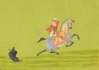 Maharana Ari Singh on horseback shooting a boar by 
																	 Udaipur School