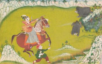 A Raja on horseback fires a matchlock dyring a bearhunt by 
																	 Udaipur School