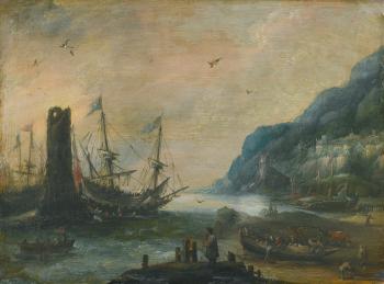 A Mediterranean Coastal Scene with A Tower, Ships, and Figures on The Shore by 
																	Andries van Eertvelt