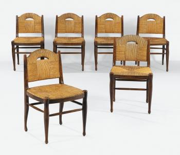 Suite de six chaises rendez-vous des pêcheurs de truite by 
																	Jacques Emile Ruhlmann