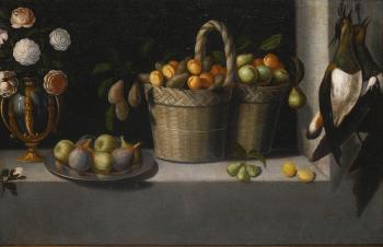 Still Life of Roses in a Parcel Gilt Vase, Figs on a Pewter Dish and Two Baskets of Peaches, Plums and Pears on a Stone Ledge with a Brace of Lapwing by 
																	Juan van der Hamen y Leon