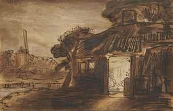 Deux personnes dans une chaumière, un moulin à l'arrière-plan by 
																	Abraham Furnerius
