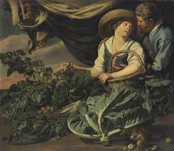 An amorous couple with lettuce, artichokes, peas and other vegetables, with a squirrel by 
																	Adriaen van Utrecht