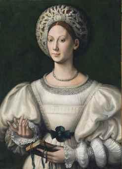 Portrait of a lady, half-length, in an elaborate headdress by 
																	Paolo Zacchia