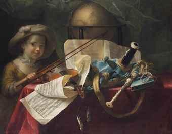 Pipes, a globe, a musical score and a violin on a draped table, a young girl looking on by 
																	Nicolas Henry Jeaurat de Bertry