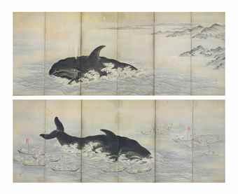 Whales and hunting boats by 
																	Makino Baisen
