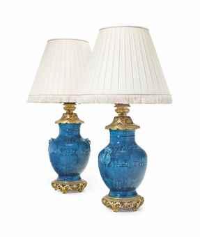 A pair of persian-blue ground vases, mounted as lamps by 
																	Theodore Deck