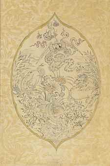 A gathering of mythical creatures around a lotus leaf by 
																	Muin Musavvir