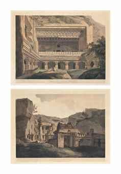 The Entrance of Indra Sabhâ; View of Indra Sabhâ, looking outward; Das Âvatâra; and Viswakarmâ, Exterior View (Abbey Travel, 420, pls. 107, 108, 118, 123) by 
																	James Wales