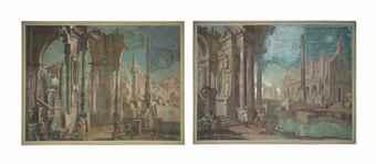 A capriccio of classical ruins with figures resting by a canal, a church beyond; and An architectural capriccio with figures conversing among ruins by 
																	Pietro Paltronieri