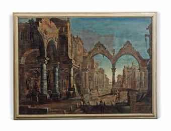 An architectural capriccio with workers and figures playing biglie by 
																	Pietro Paltronieri