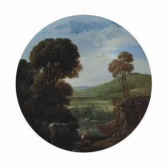 A wooded river landscape with drovers and their cattle by 
																	Gottfried Wals