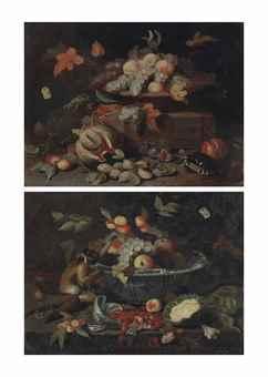Grapes, apples, peaches in a blue and white porcelain bowl, with strawberries in a broken porcelain bowl on a stone ledge, with a monkey by 
																	 Pseudo van Kessel