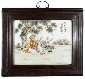 The poet Tao Yuanming beneath a pine tree beside a basket of chrysanthemums by 
																	 Wang Dafan