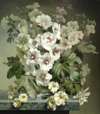Still life with Hollyhocks, Still life with Lilies and Frilly Irises by 
																			Bennett Oates