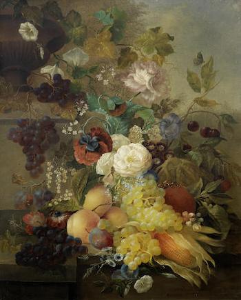 A terracotta urn with fruit and flowers by 
																	Jan van der Waarden