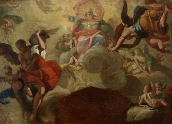 God the Father and the Holy Spirit surrounded by angels, a ceiling design by 
																			Agiselo Antonio don Palomino de Castro y Velasco