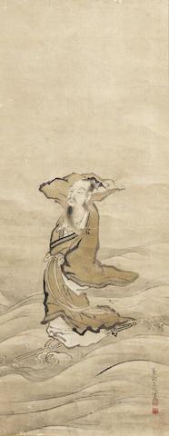 Shoriken (in Chinese, Zhongli Quan), one of the eight principal Daoist immortals, crossing the sea on a sword, his robes billowing in the wind by 
																			 Yosetsu
