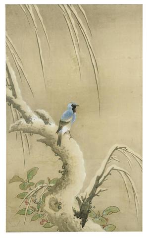 An exotic blue bird perched on a snow-covered branch with smaller branches trailing down from above and a berried plant beneath by 
																			 Unkoku Tojo