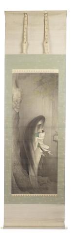 A standing female ghost holding a baby under a ginkgo tree by a lantern by 
																			Teraguchi Kanzan