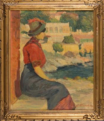 Femme assise sur la corniche by 
																			Georges Pomerat
