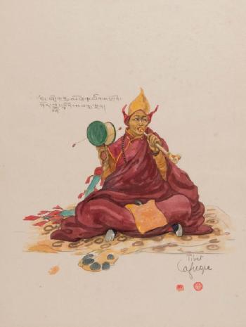 Lama du monastère Pitok Dong Se au kangling et damaru by 
																			Lea Lafugie