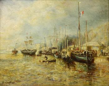 Harbor scene by 
																			Albert Munghard
