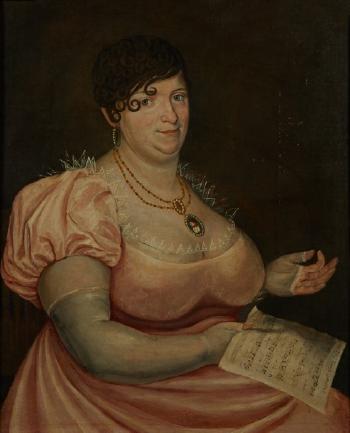 Portrait de Mme Pedrita Sargon tenant une partition de musique by 
																	Agustin Esteve