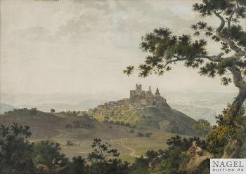Blick auf Burg in Hügellandschaft; im Vordergrund rastender Hirte mit Ziegen im Schatten einer eiche by 
																	Albert Leopold Rheinemann