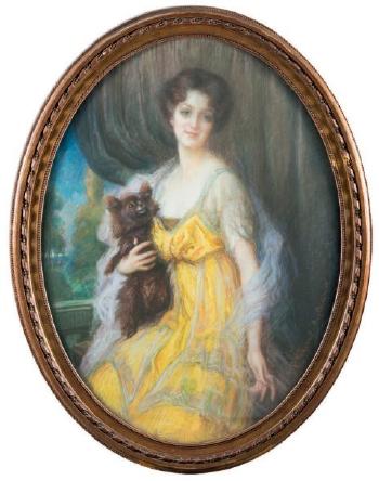 Portrait de jeune femme en robe jaune tenant un chiot dans la main droite by 
																	Henri Vincent-Anglade