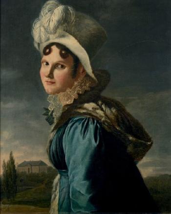 Portrait de jeune femme de profil portant un chapeau à plume et une capuche de fourrure devant un château by 
																	Charles Edouard Crespi-Le-prince