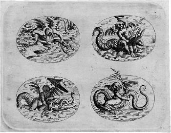 Vier ovale Grotesken mit spielenden Putti auf Meereswesen by 
																	Christoph Jamnitzer