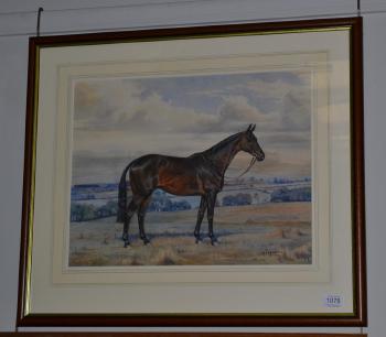A bay horse standing in an extensive landscape by 
																	Dorothy Margaret Alderson