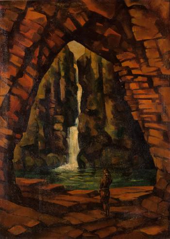 Waterfall view with figures by 
																	Albano Neves E Sousa