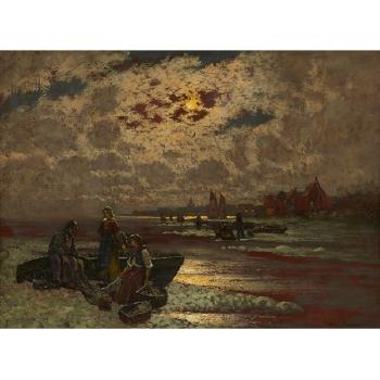 Figures on moonlit shore by 
																			Ernst Hugo Lorenz-Murowana
