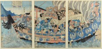Figures on a boat at sea by 
																	Utagawa Yoshitsuya
