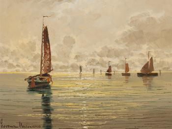 Sailboats on the Sea at Sunrise by 
																			Ernst Hugo Lorenz-Murowana