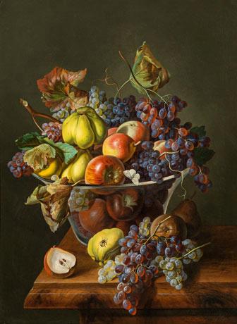Fruit still life in a glass vase by 
																	Leopold Zinnogger