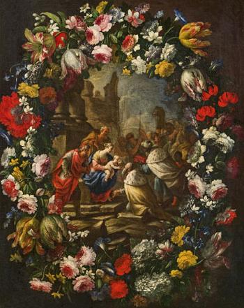 Flower Cartouche with the Adoration of the Magi by 
																	Aniello Ascione