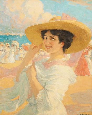 Jonge vrouw met hoed op het strand aan de Middellandse Zee by 
																	Ernest Azema
