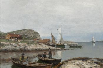 Fiskere i havn på Jæren by 
																	Nicolai Martin Ulfsten