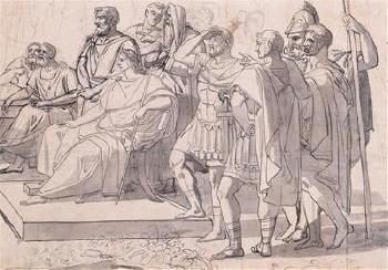 A scene from Roman history: An emperor on the throne surrounded by soldiers (recto) by 
																	Giuseppe Cammarano