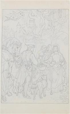 A design for an illustration: Margrave Leopold III. is handing over the lost veil to his spouse Agnes by 
																	Josef von Fuhrich